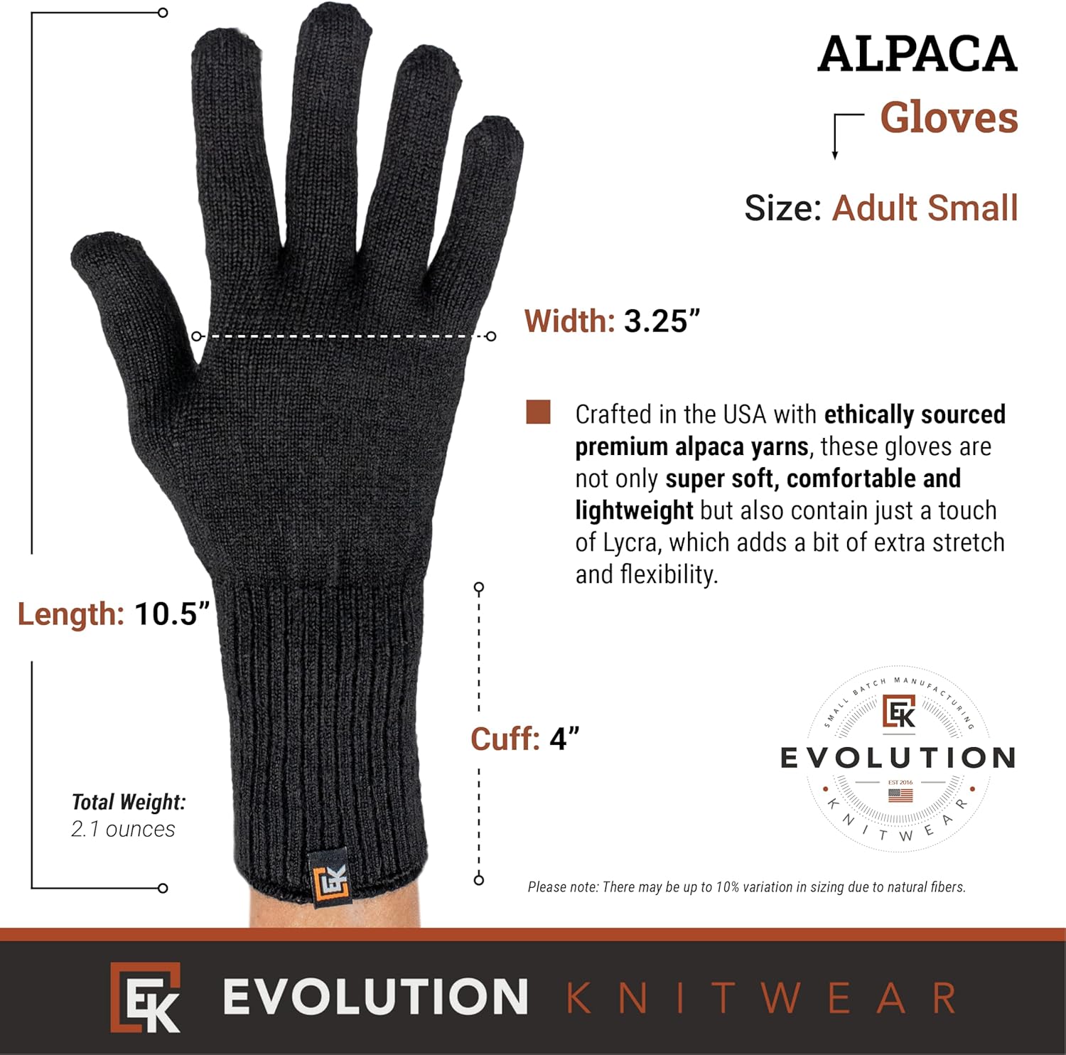 Evolution Knitwear Alpaca Knit Gloves - Made in the USA - Super Soft Baby Alpaca - Made in the USA - Small