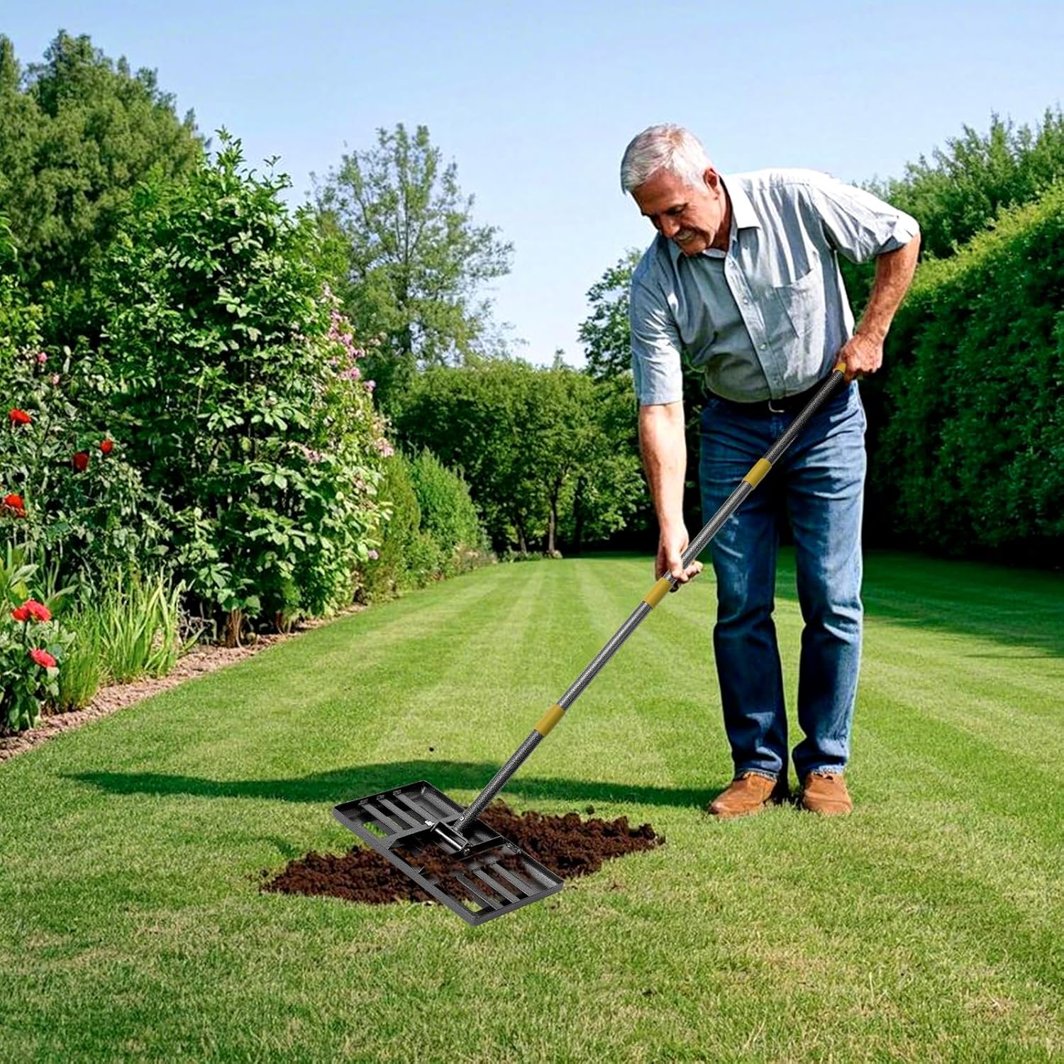 Lawn Leveling Rake, 72 Inch Adjustable Long Handle Leveling Rake, Black Heavy Duty & 1 Inch Diameter Stainless Steel Handle Lawn Rakes, Lawn Leveler Tool for Soil Grass Golf Field Yard