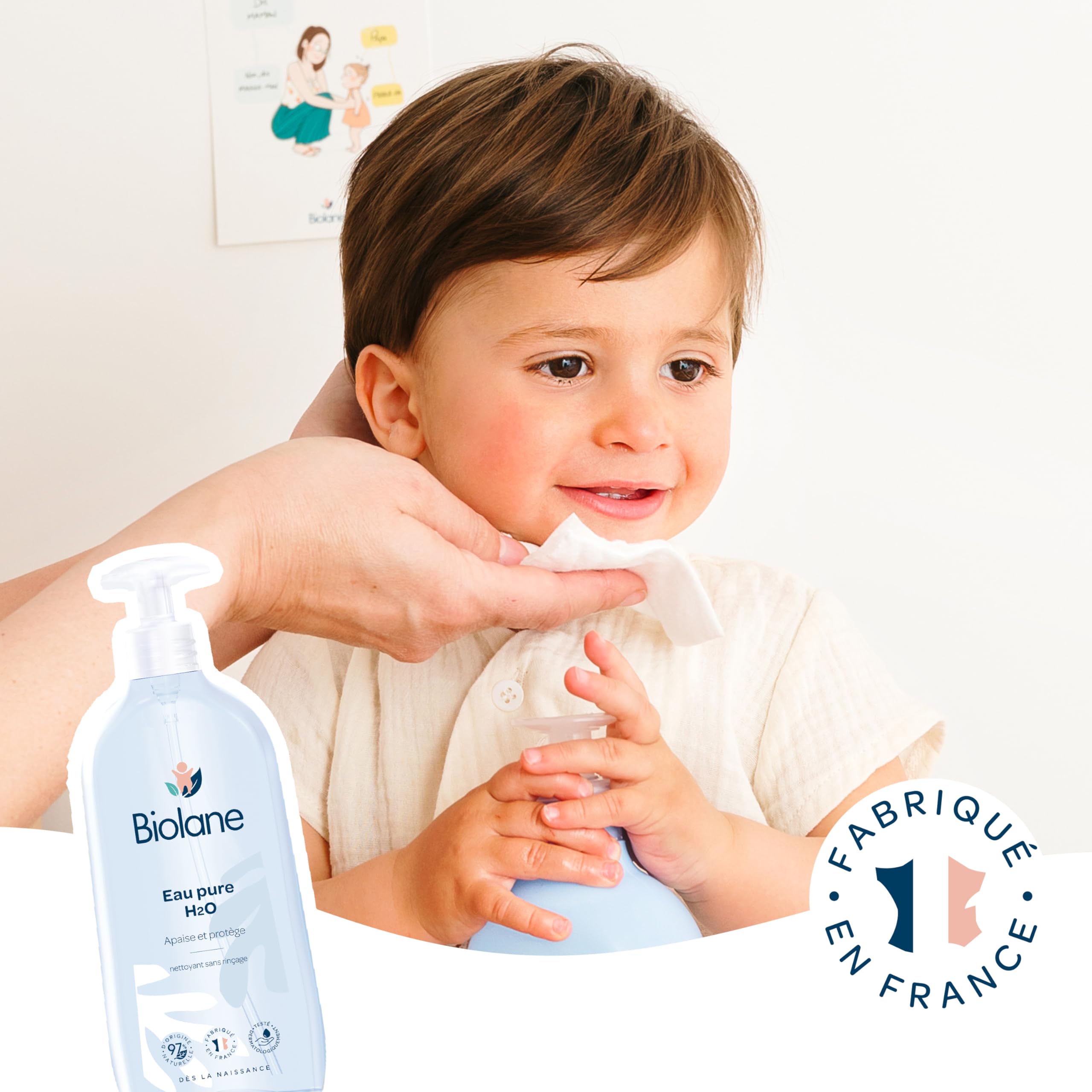 BIOLANE - Lot de 4 Flacons Eau Pure H2O - Nettoyant pour le visage, corps et siège du bébé - Sans rinçage - 4 flacons-pompe de 750ml - Fabriqué en France