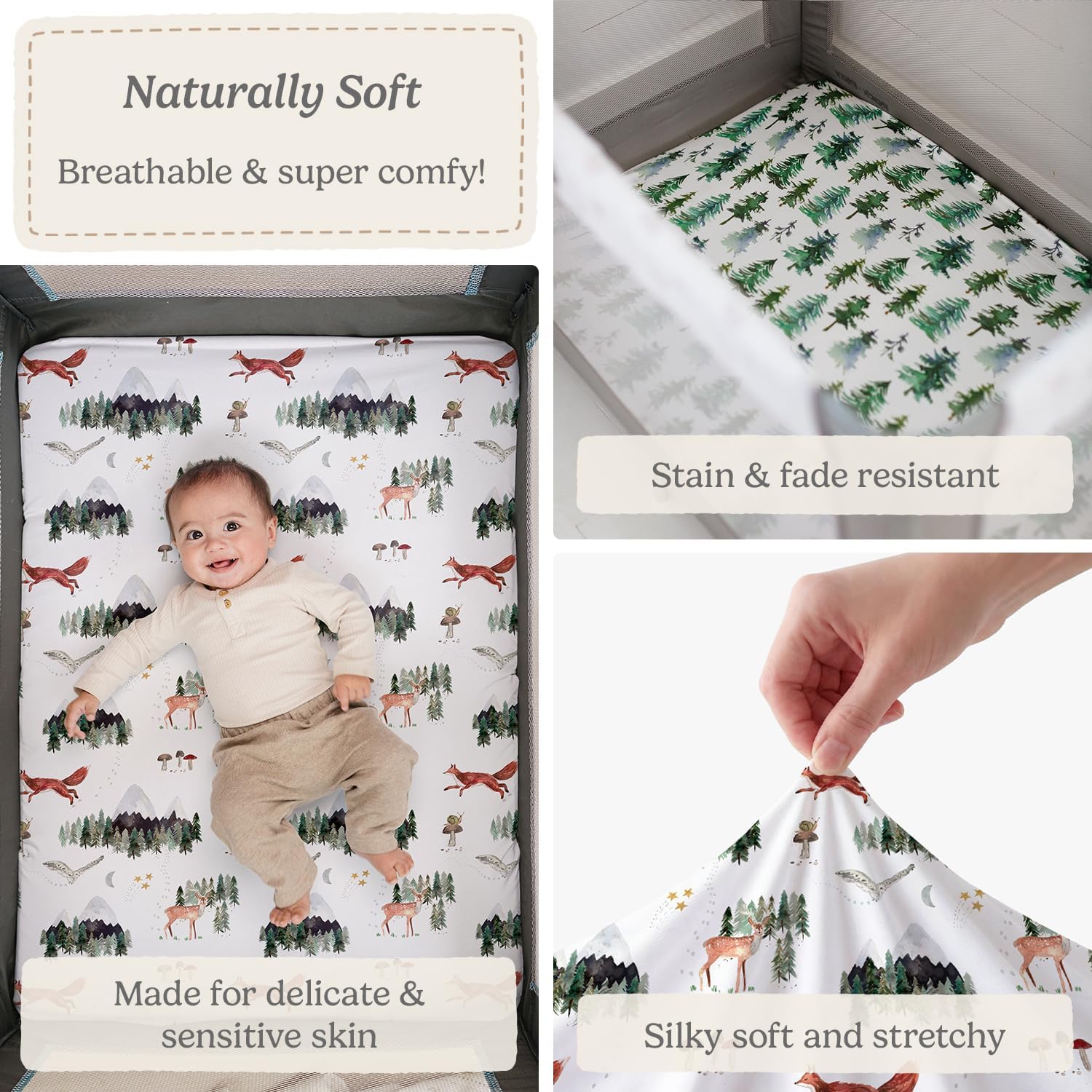 Pack and Play Sheets Fitted, Mini Crib Sheets for Graco Pack N Play Playard (38x26), Ultra Soft Organic Cotton Blend, Safe & Snug Playpen Mattress Sheet for Baby Boys & Girls – Starry Woodland, 2-Pack