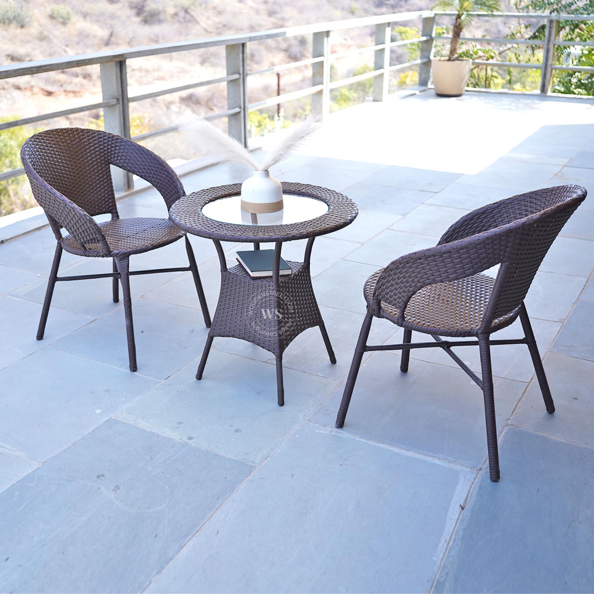 Wooden Street Sienna Outdoor Seating Chairs and Table Set, Garden Patio Coffee Table Set, Outdoor Balcony Wicker Furniture (Dark Brown, 2 Seater)
