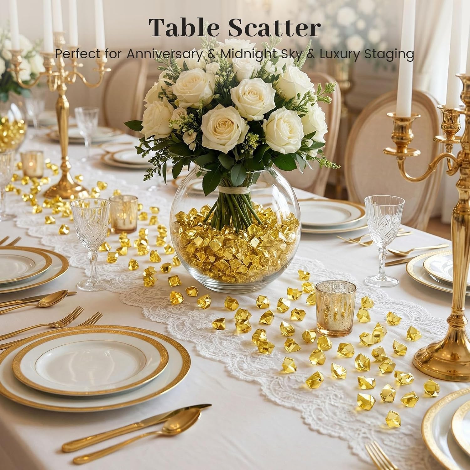 DomeStar 300PCS Clear and Gold Acrylic Ice Rocks Bundle, Assorted Fake Diamonds Nuggets Vase Fillers for Table Scatter, Decorative Plastic Stones for Party Display or DIY Craft image 4