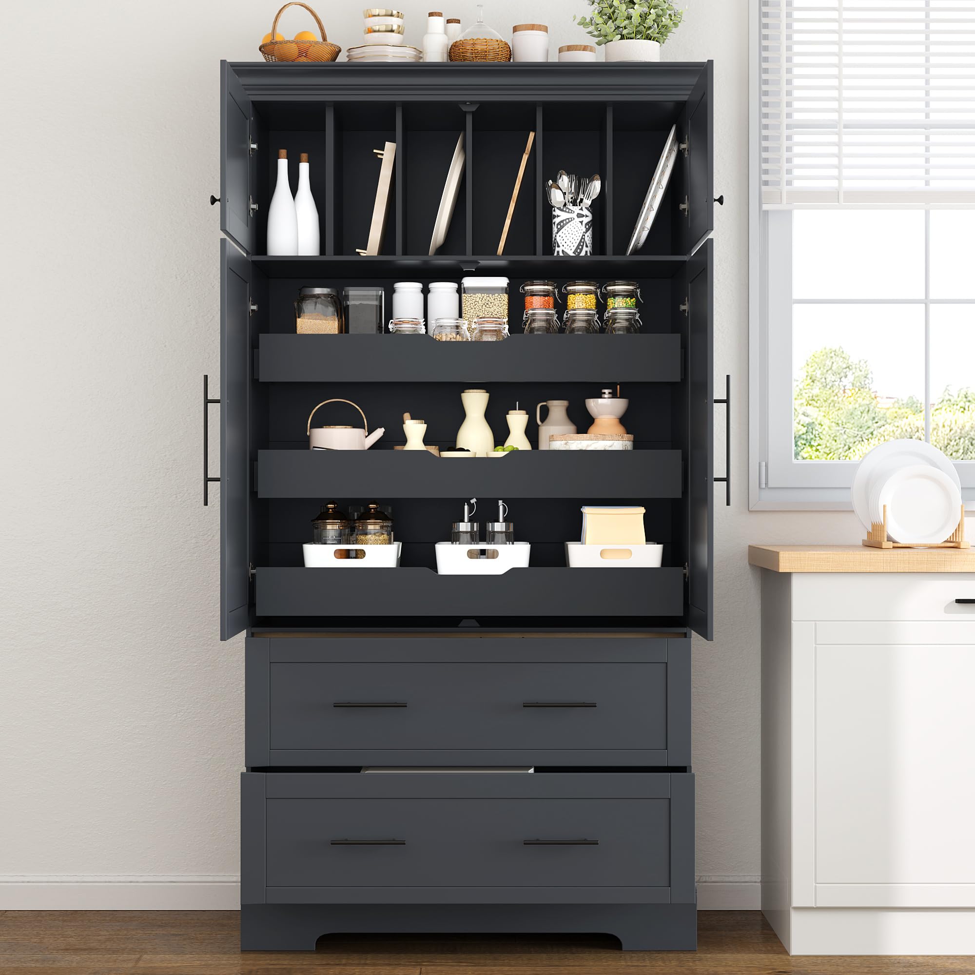 77.3 inch Tall Kitchen Pantry Cabinet with 6 Door Shelves and 2 Adjustable Shelves, Wooden Storage Cabinet Cupboard with 6 Drawers for Kitchen, Dining (Grey-83)