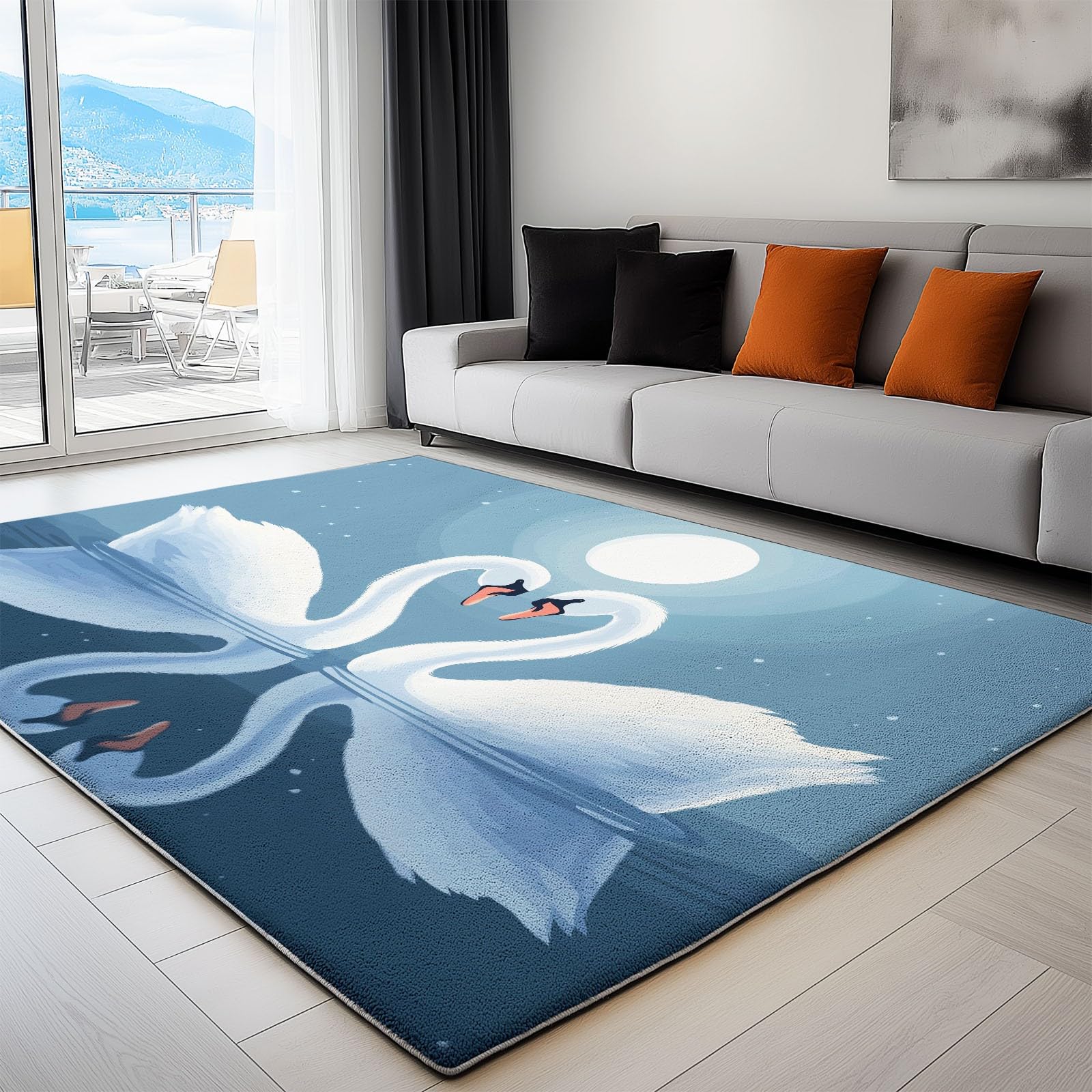 Bleu Tapis Enfant 140x200 cm Ciel Étoilé Lune Animaux Cygnes, Tapis Lavable en Machine et Antidérapant, Moquette à Poil Ras Doux pour Chambre et Salle de Jeux