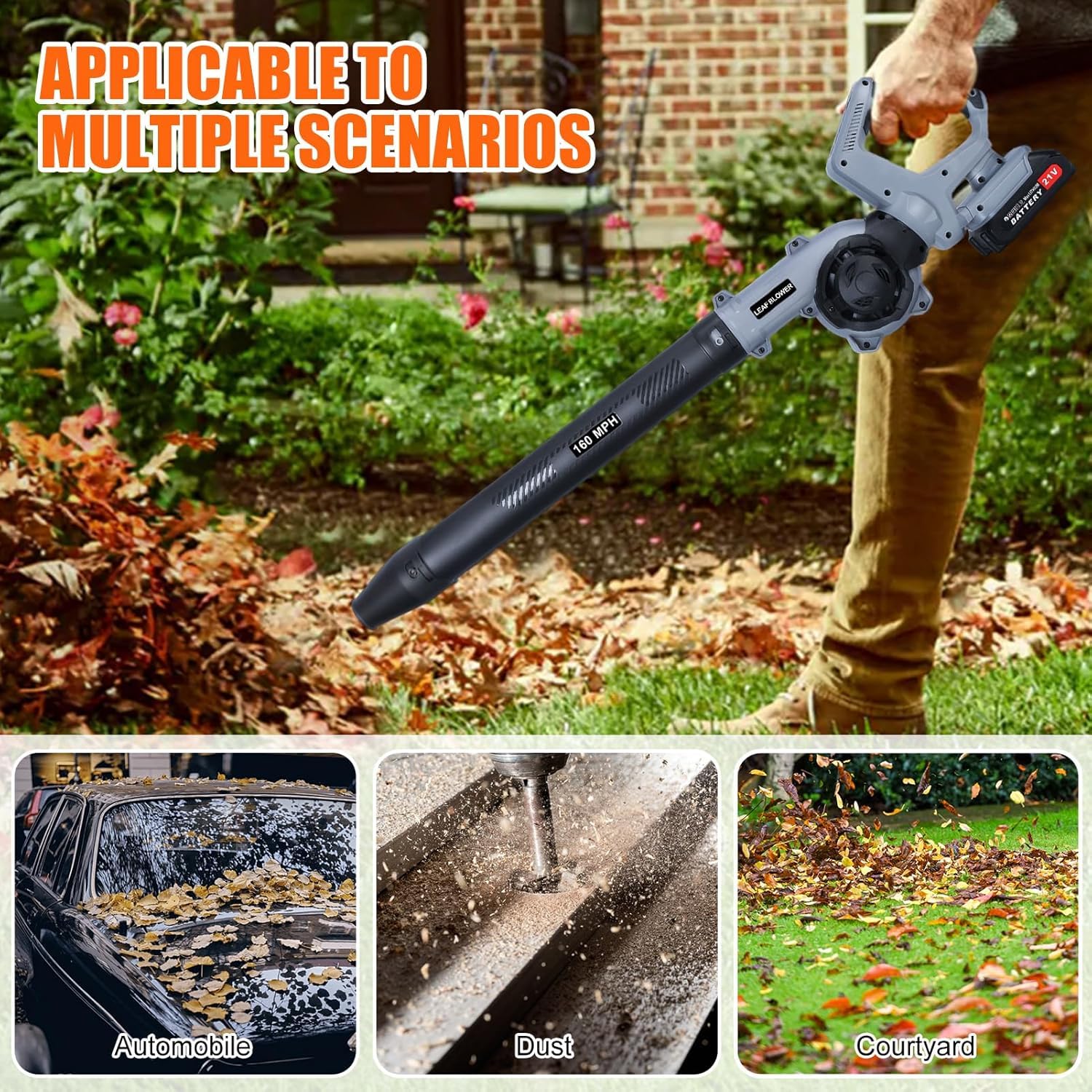 Soplador de hojas eléctrico con batería, 21 V, inalámbrico, con 2 baterías y cargador, 3 modos de velocidad y mango giratorio, 160 MPH para jardín, césped, terraza (negro)