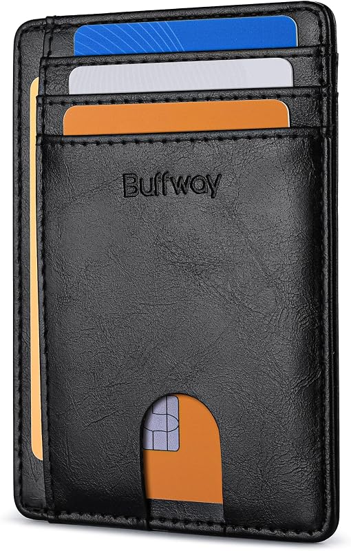 Buffway Carteras de cuero con bloqueo RFID y bolsillo frontal minimalista y delgada para hombres y mujeres - Alaska Black