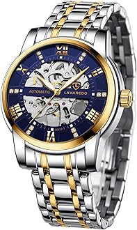 A ALPS Mens Watch Skeleton Luxury Mechanical Stainless Steel Waterproof Black Automatic Self-Winding Roman Numerals Diamond Dial Wrist Watch