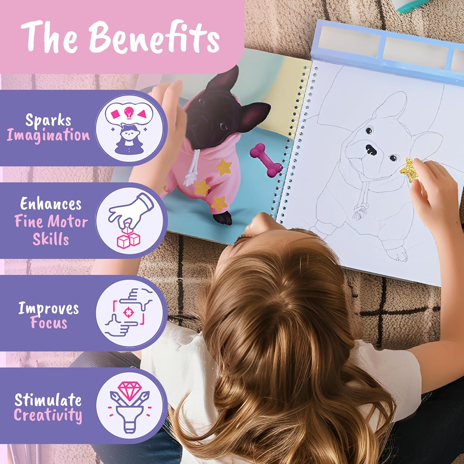 BSCOOL Dog in Style – Dress Up Your Puppy with 25 Coloring Pages, 3 Stamps, 50+ Stickers, Washi Tapes, Guides. Unique Outfits for Dogs. Educational. Travel Friendly for Ages 5 and up. Christmas Gift