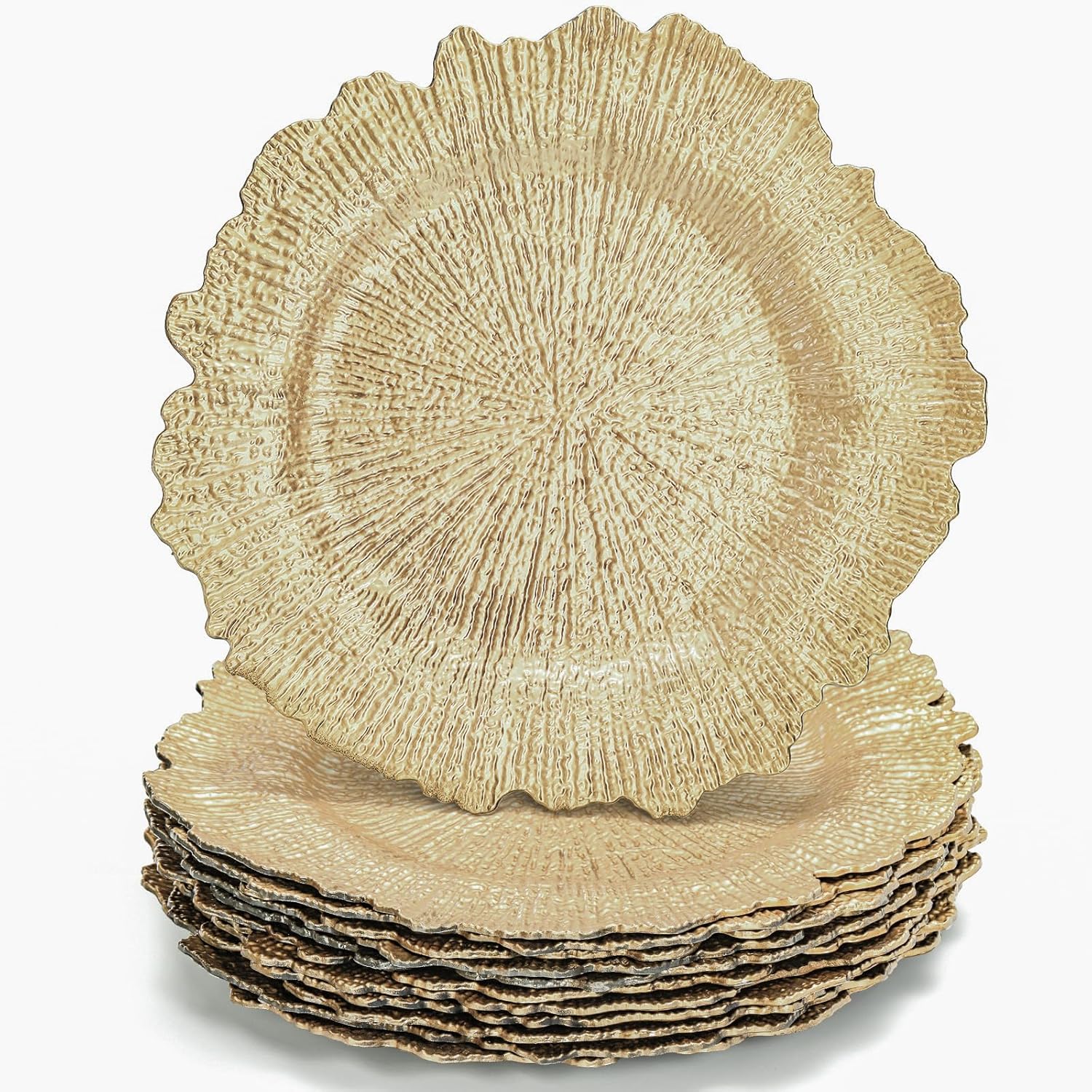 WUWEOT 12 Pack Gold Charger Plates, 12.7" Round Plastic Reef Plate Chargers with Flora Reef Design for Wedding Dinner Party Decoration