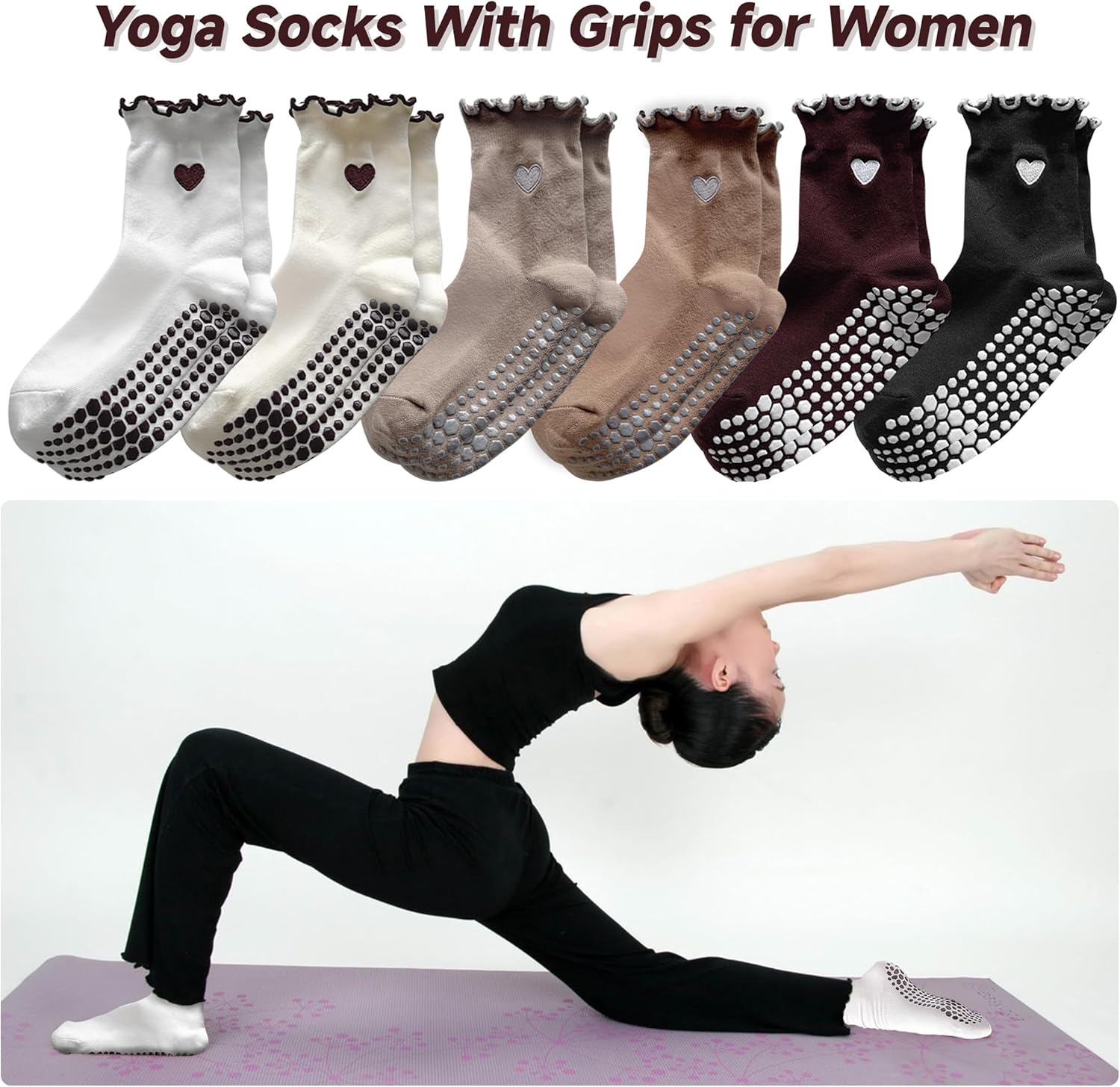 Grip Socks Pilates,4/6Pairs Cotton Cute Pilates Socks for Women, Ruffle Grippy Sock for Yoga Barre Hospital 5-10in - Image 5