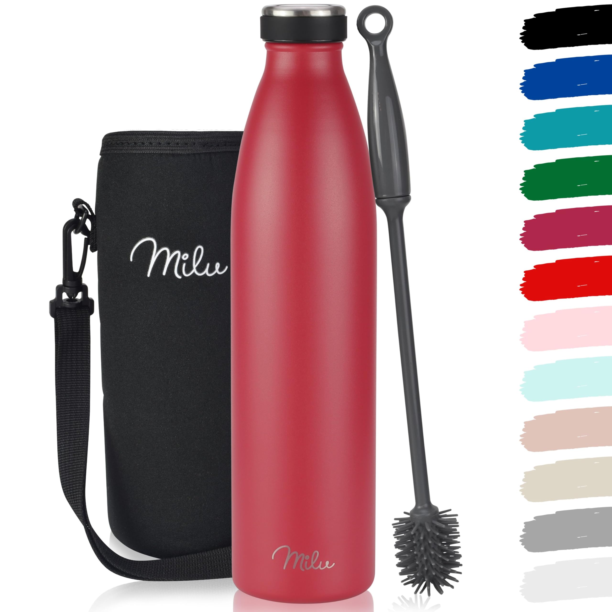 Milu Red Stainless Steel Drinking Bottle 750 Ml - Insulated Thermo Flask For Water - Leak Proof, Insulated And Double Walled, Carbonated (, 750 Ml)