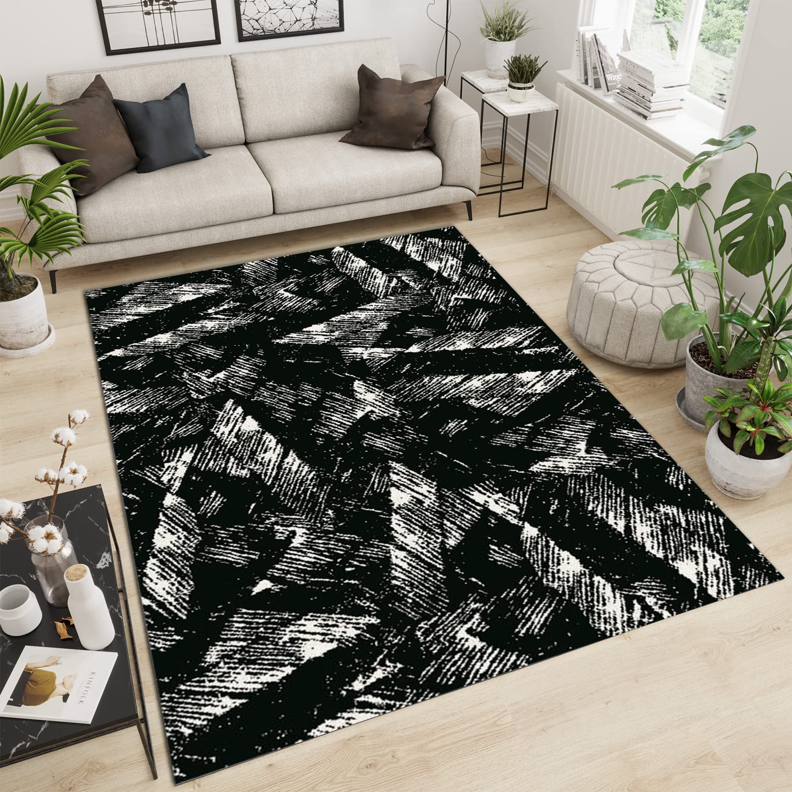 Tapis rétro 3D noir et blanc en velours court pour chambre