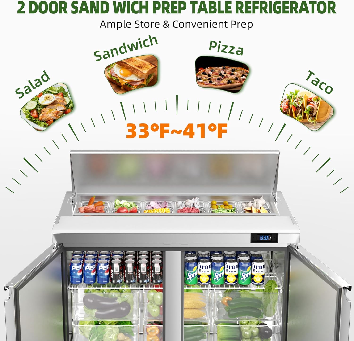 Coolake 48''W 2 Door Commercial Salad Sandwich Prep Table Refrigerator, Stainless Steel 13.5 Cu.ft Counter Fan Cooling Refrigerator with 12 Pans for Restaurant, ETL DOE