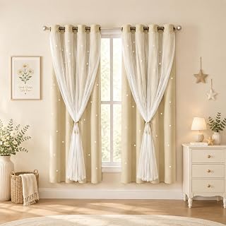 Beige Kids Star Cutout Curtains for Bedroom 52" W x 63" L 2 Panels