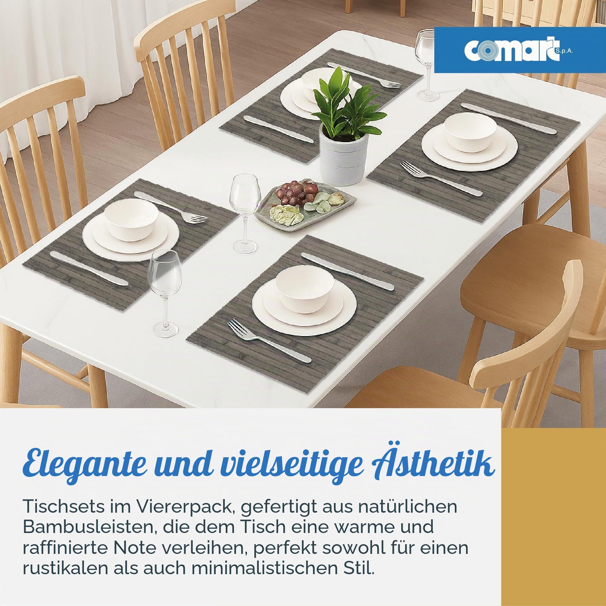 Comart - Amerikanisches Platzdeckchen Bambus Edge - Set mit 4 Tischsets 30 x 45 cm - abwaschbar - Hitzebeständig - für Frühstück, Mittagessen - Elegante Platzsets - Umweltfreundlich aus Bambus - Farbe
