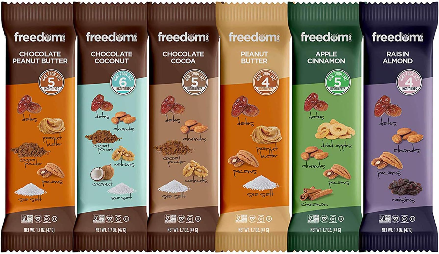 Freedom Bar Healthy Vegan, Nut and Fruit Bar Variety Pack - Non GMO, No Dairy Diet Snacks - All Natural, Kosher and Paleo Friendly Bars, 6 Mouth Watering Bars (1.7 Ounce Each)