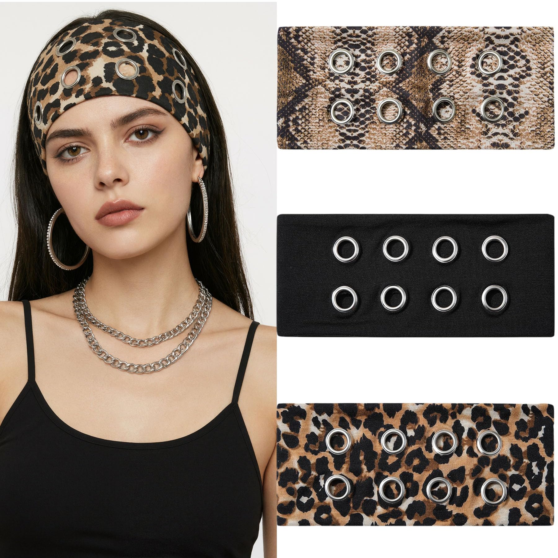 3Pcs Headbands for Women Wide Hairband Cute Hair Accessories Snakeskin pattern, Brown Leopard, Black