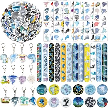 98Pcs Tornado Party Favors for Kids - Tornado Acrylic Keychains, Pre-Cut Temporary Tattoos, Slap Bracelets, Stickers & Buttons, Tornado Birthday Party Decorations Boys