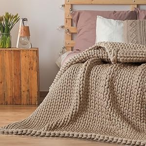 Couverture pondérée tricotée à la main 50"×60", couverture en tricot épais pour canapé/roi/reine, poids uniforme, respirabilité, douce et confortable, lavable en machine (marron, 10 lbs)