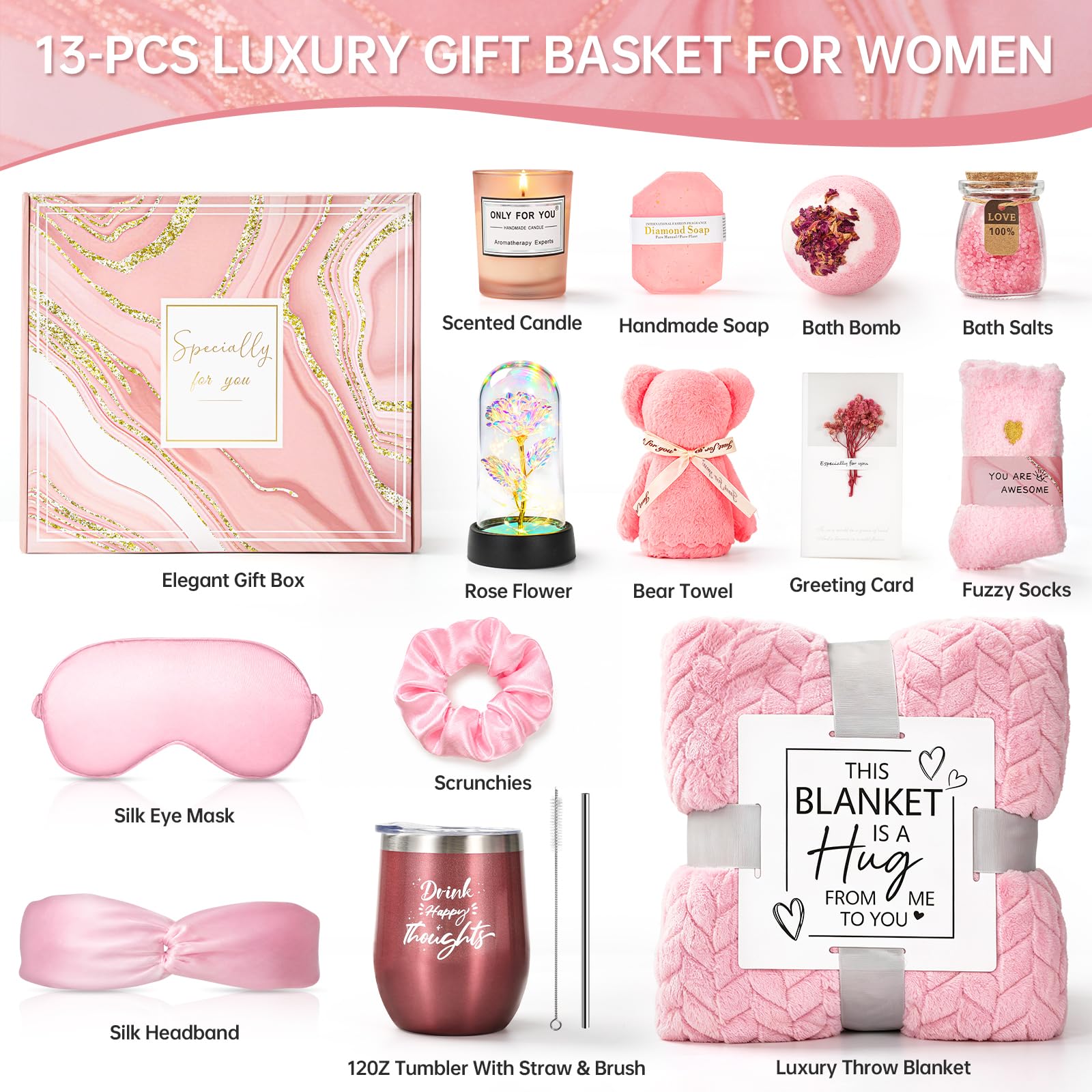 Cesto regalo per donne, regalo di compleanno Get Well Spa per la cura di sé per mamma, moglie, lei, coperta rilassante in flanella con calzini a candela rosa (rosa)