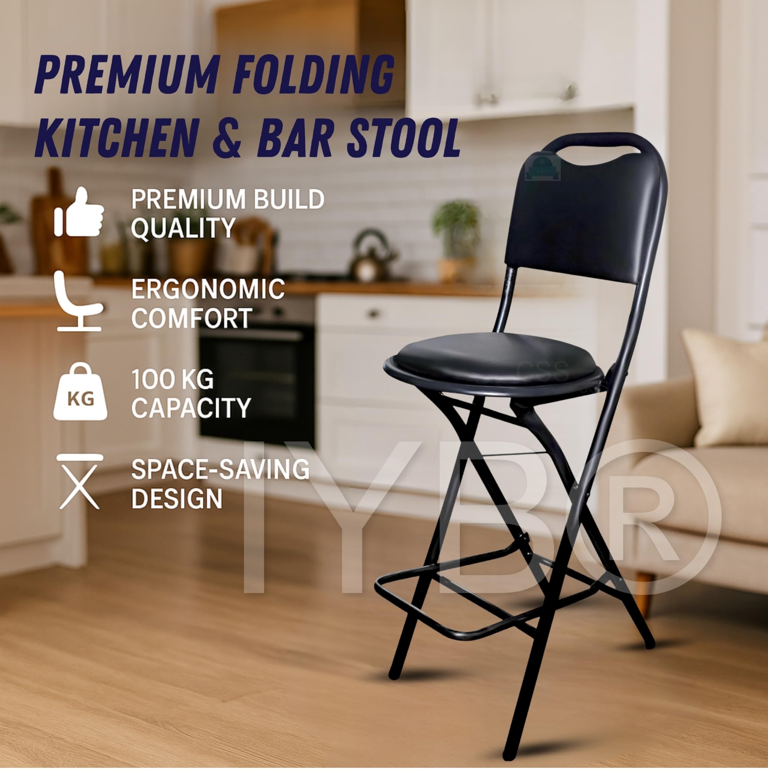 IYB® Premium Folding Kitchen & Stool Chair – 25 Inch Seat Height, Ergonomic Padded Seat, 100kg Capacity, Lightweight 4.5 kg, No Assembly, Space-Saving – Ideal for Kitchen, Bar, Living Room (Black) 3