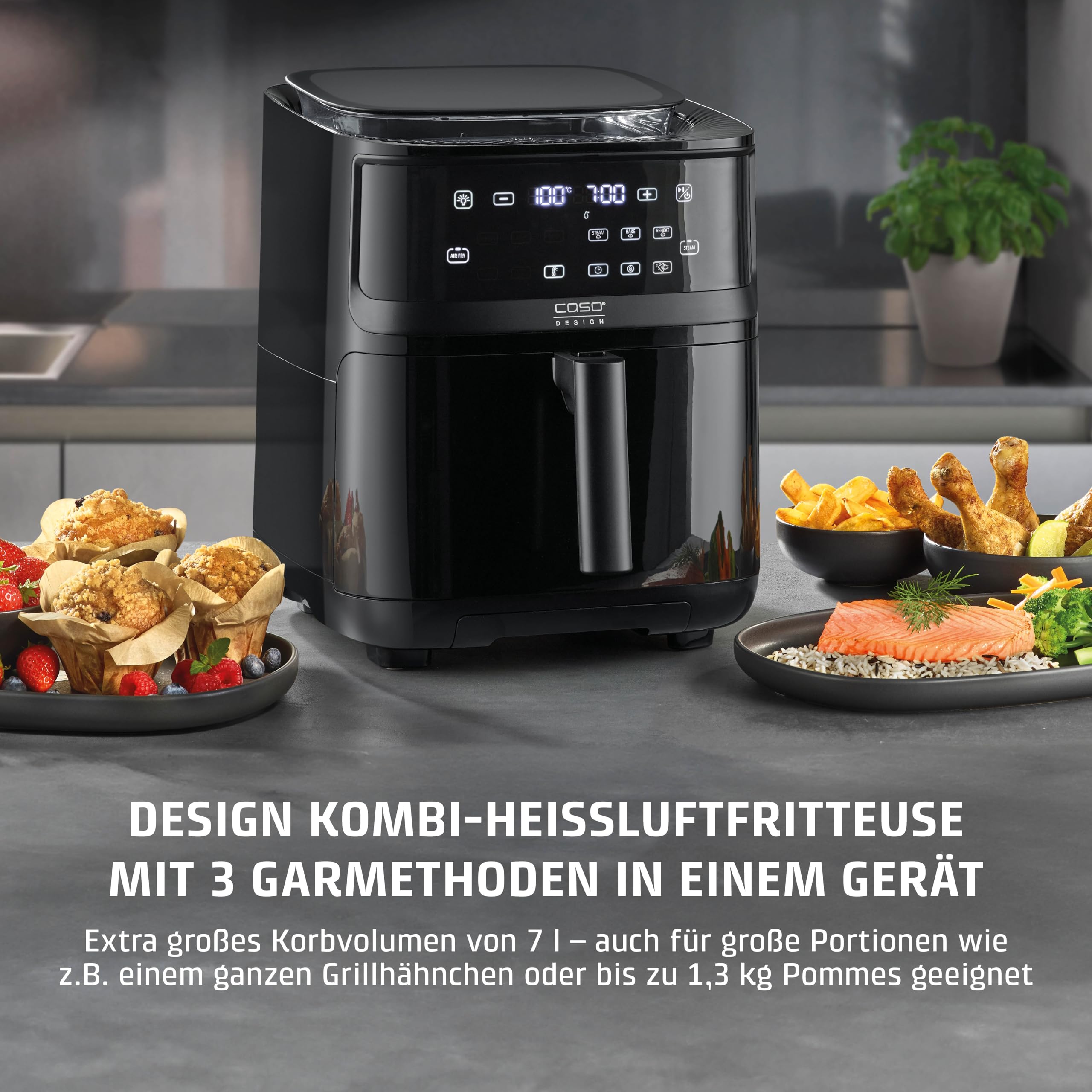CASO AirFry & Steam 700 – frytkownica na gorące powietrze i parowar – potrawy stają się chrupiące na zewnątrz i soczyste wewnątrz, bardzo duży kosz, 7 litrów, parowar i frytkownica bez oleju/tłuszczu
