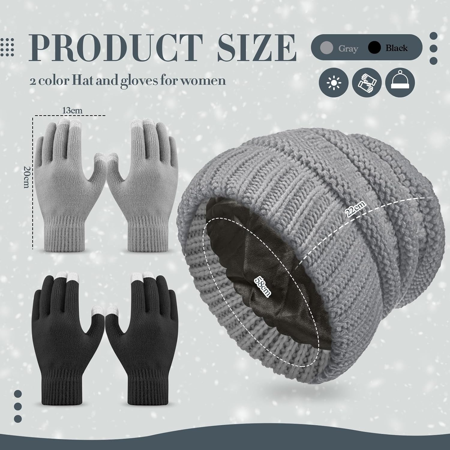 4 Pcs Winter Hat and Gloves for Women, Satin Lined Hats for Women Touchscreen Gloves Slouchy Knit Beanies Gift Set - Image 2