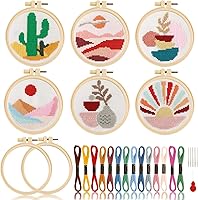 ZOIIWA 6PCS Beginner Cross Stitch Kits - Boho Abstract Landscape Patterns, 2 Hoops, Needles - DIY Embroidery Craft Supplies for Adults