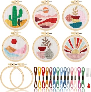 ZOIIWA 6PCS Beginner Cross Stitch Kits - Boho Abstract Landscape Patterns, 2 Hoops, Needles - DIY Embroidery Craft Supplies for Adults