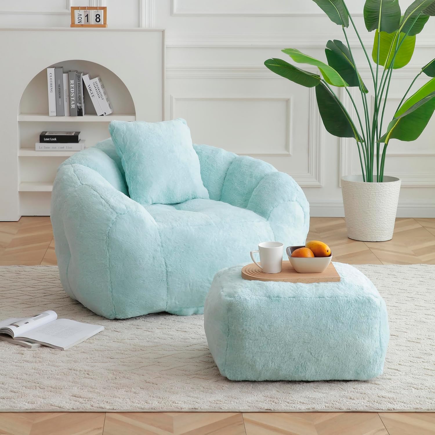 Giant Shell-Shaped Bean Bag Chair with Ottoman, Oversized Beanbag Floor Sofa for Adults & Kids, Light Blue, Includes Pillow Perfect Lazy Accent Chairs for Living Room, Bedroom, Game Room (Light Blue)