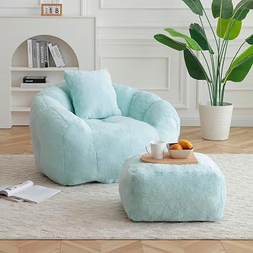 45" Faux Fur Oversized Lazy Cloud Chair, Lazy Chaise Lounge Indoor with Pre-Filled Design, Fluffy Upholstered Lazy Couch with Ergonomic Backrest for Indoor Leisure, Light Blue