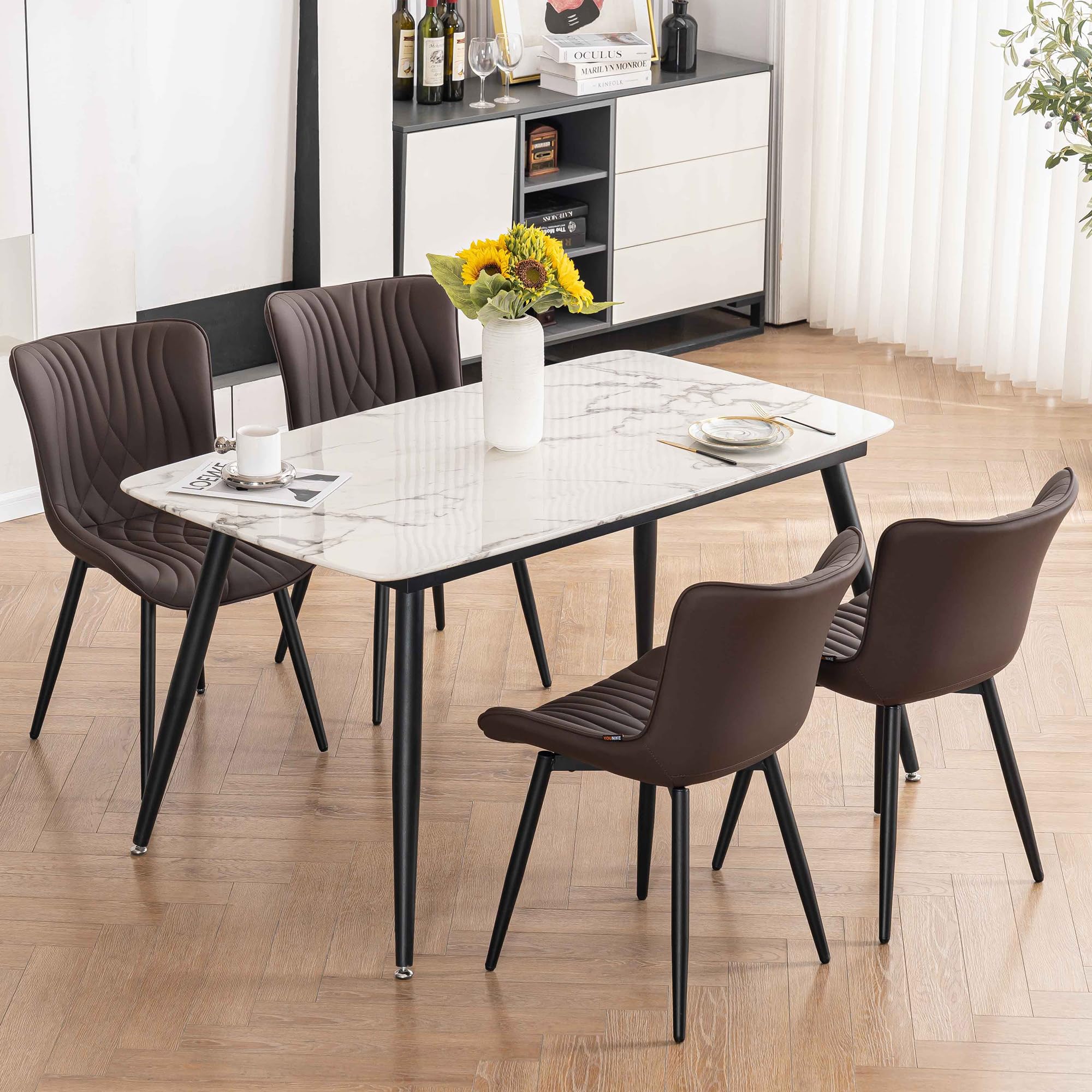 Kidol&Shellder - Juego de 2 sillas de comedor tapizadas de piel sintética moderna de mediados de siglo con respaldo, ergonómicas sin brazos y sillas de sala de estar con patas de metal 2
