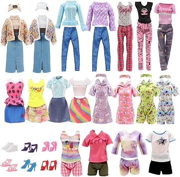 19 Pcs Doll Clothes for 11.5 Inch Dolls Compatible with Barbie 6 Outfits Colourful Chunky Knit Set Knitted Denim Set Fashion Set Casualwear Summerwear Hooded Pyjamas 6 Shoes for Girls Gift