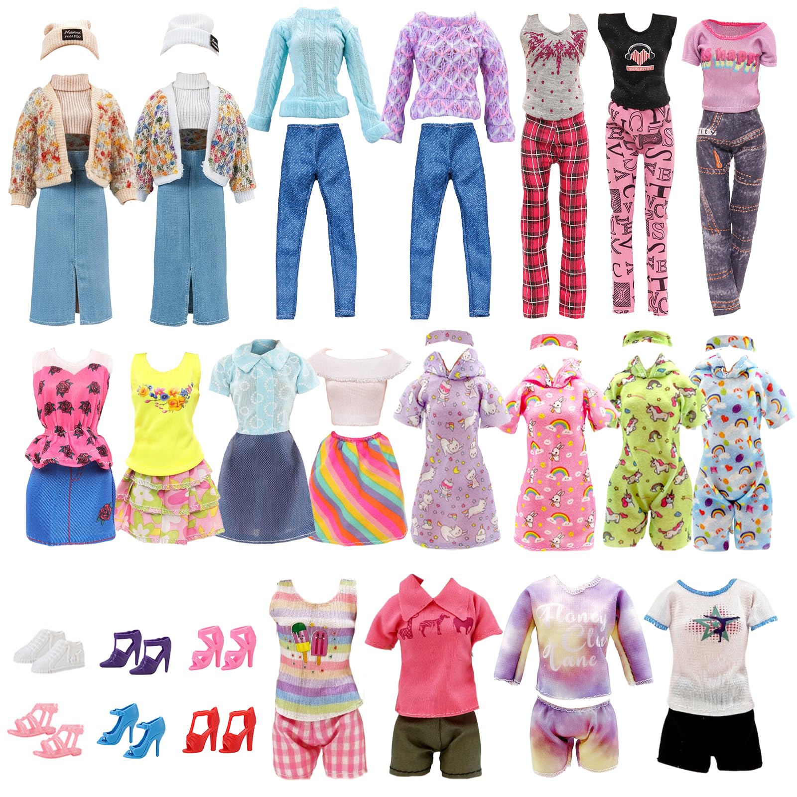 19 Pcs Doll Clothes for 11.5 Inch Dolls Compatible with Barbie 6 Outfits Colourful Chunky Knit Set Knitted Denim Set Fashion Set Casualwear Summerwear Hooded Pyjamas 6 Shoes for Girls Gift