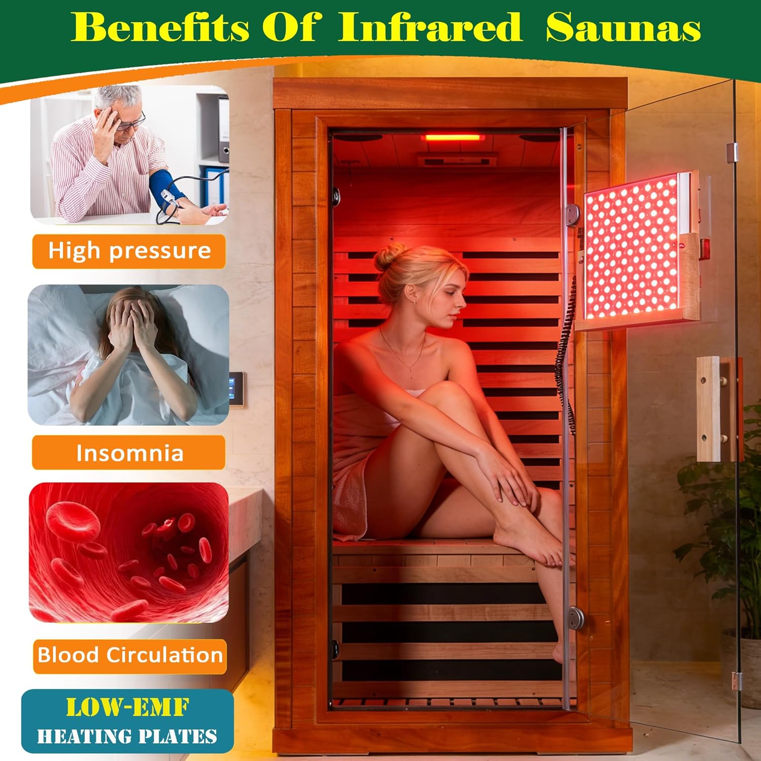 1-Person Far Infrared Sauna for Home, Low EMF Okoume Wood Sauna Room with Full Spectrum Infrared & 660nm/850nm Red Light Therapy, 7 Chromotherapy Lights, Bluetooth Speaker, LCD Touch Control