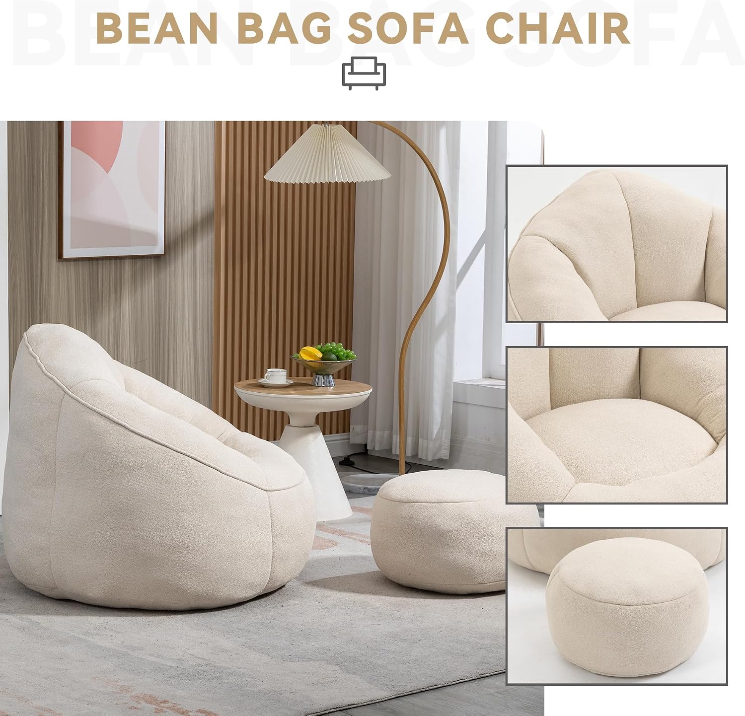 HMFULE Bean Bag Chair with Ottoman, Comfy Bean Bag Sofa Chair, High Pressure Foam Lazy Sofa, Modern Accent BeanBag Chairs for Living Room, Bedroom, Beige