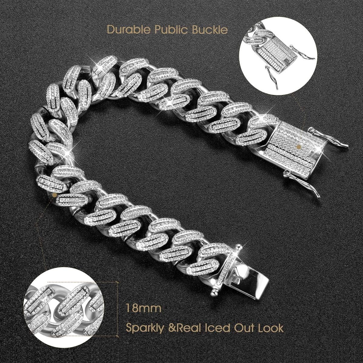 Full Iced Out 18mm Thick Cuban Link Chain for Men Miami Cuban Necklace/Bracelet White Gold/18K Gold Plated 5A+ Cubic Zirconia Bling Simulated Diamond Hip Hop Jewelry for Men Women 8.5"-28" - Image 3