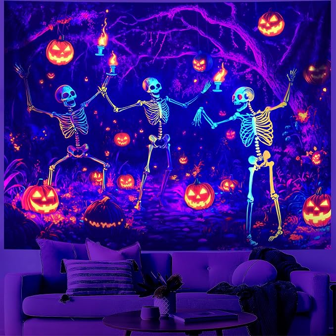 Blacklight Halloween Tapestry Horror Moon Night Scary Cemetery Pumpkin Lantern Halloween Tapestry Wall Hanging Skull Horror Poster Banners for Bedroom Livingroom (Three Skull, 79L