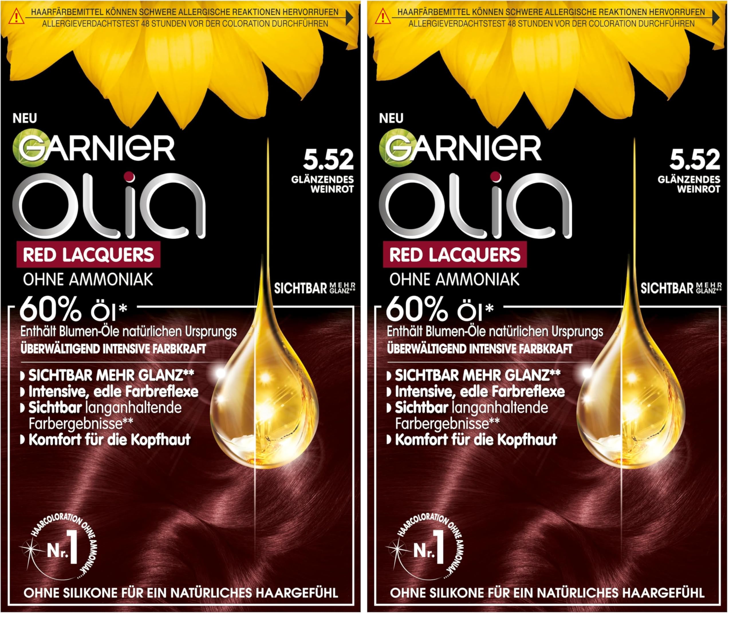 Garnier Olia Red Lacquers Dauerhafte Haarfarbe in 5.52 Glänzendes Weinrot, Öl-basierte Formel für langanhaltendes Rot, 60g, 60g, 54ml (Packung mit 2)