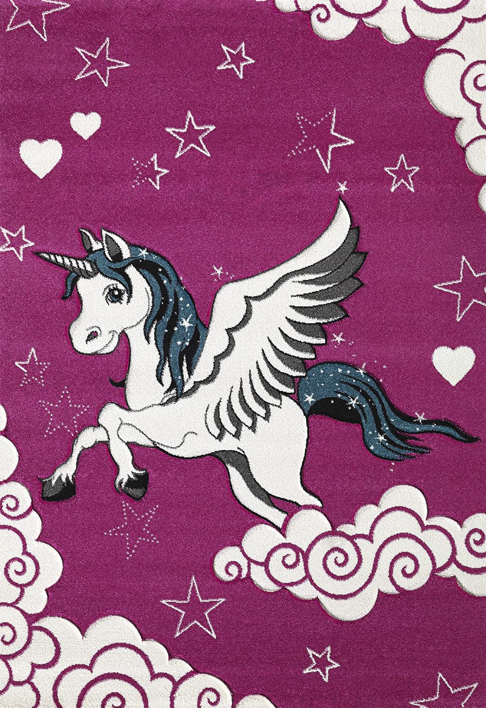 the carpet Monde Kids Moderner Weicher Kinderteppich, Weicher Flor, Pflegeleicht, Farbecht, Lebendige Farben, Herz, Einhorn, Fuchsia, Lila, 160 x 230 cm