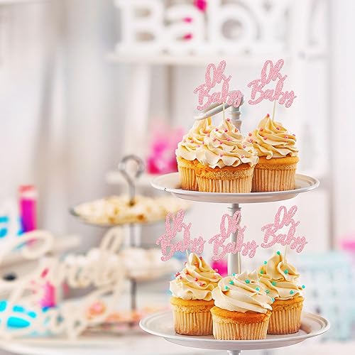Miniatura 6 de 24 piezas Oh Baby Cupcake Toppers con purpurina para baby shower, para revelación de género, baby shower, niños y niñas, fiesta de cumpleaños,