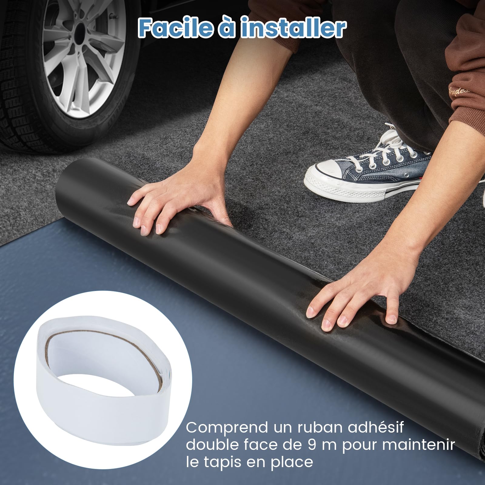 COSTWAY Tapis de Sol pour Garage Imperméable 252,5 x 221 cm, Tapis Antidérapant Voiture Réutilisable et Lavable avec Ruban Adhésif Double Face, pour Motoréparation Automobile, Gris