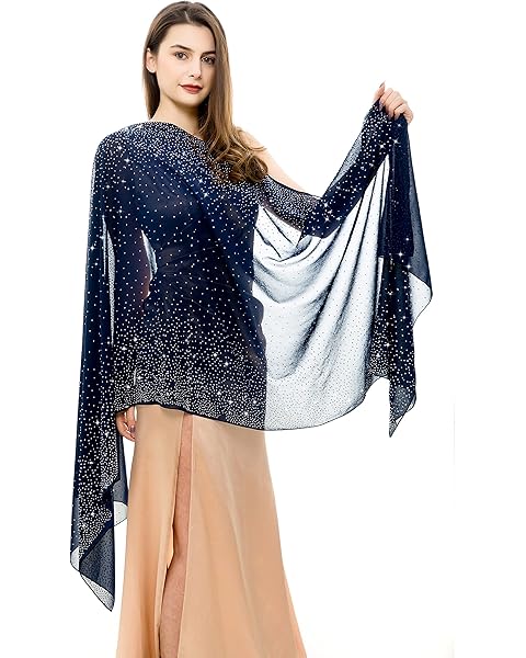 REEMONDE Womens Rhinestones Pashmina Shawls and Wraps for Evening Dresses Chiffon Shawl Sparkly Scarf