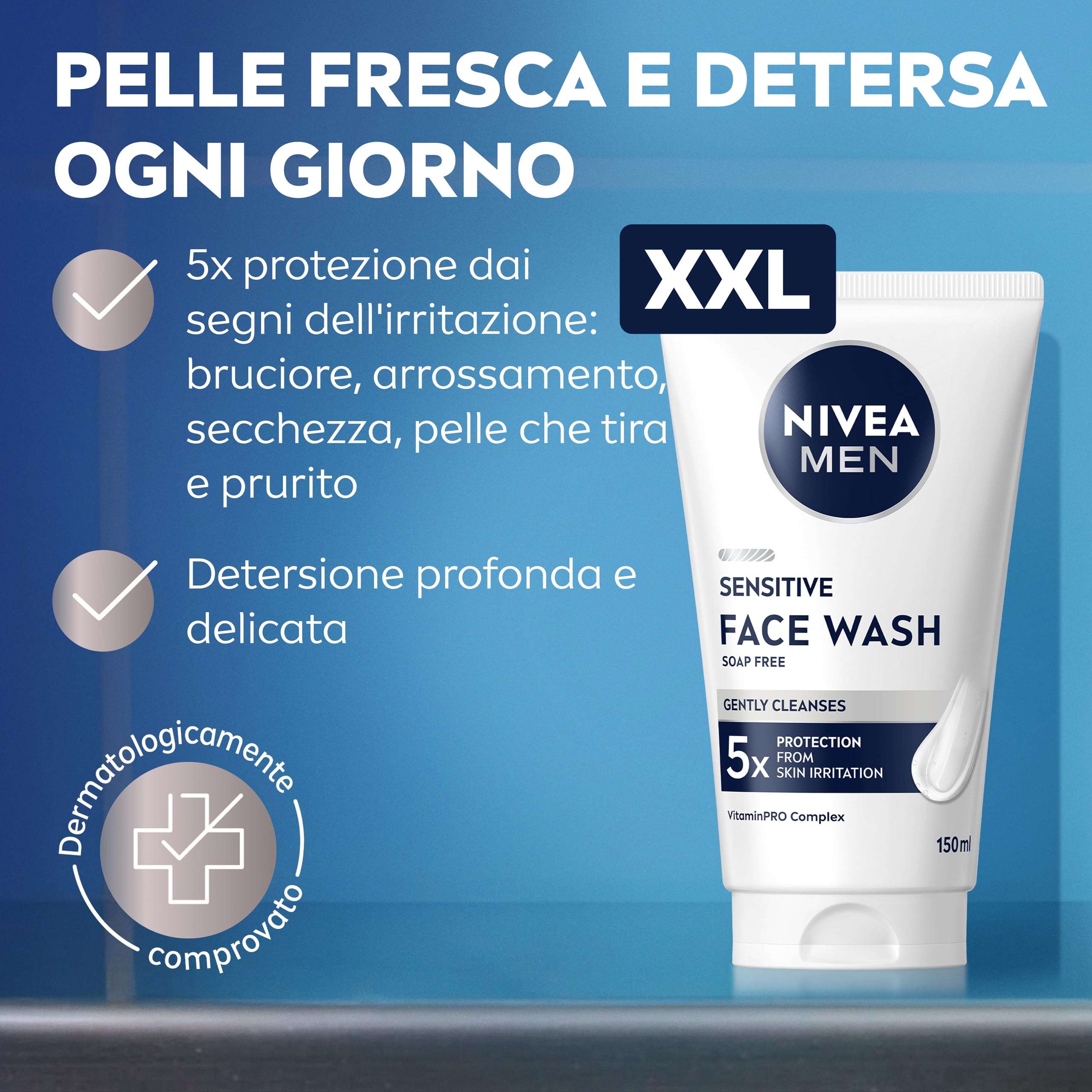 NIVEA MEN Sensitive Gel Detergente Viso XXL 150 ml, Detergente viso uomo in maxi formato per 5x protezione dalle irritazioni, Skincare uomo con Complesso VitaminPRO idratante per pelli sensibili