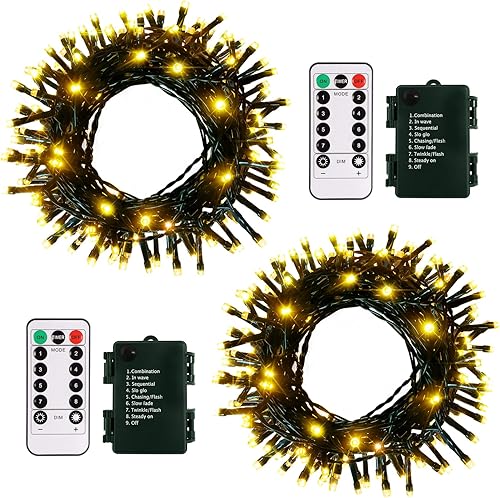 DBFAIRY Paquete de 2 tiras de luces para árbol de Navidad de 16.4 pies para exteriores, 50 luces LED blancas cálidas, funciona con pilas con control