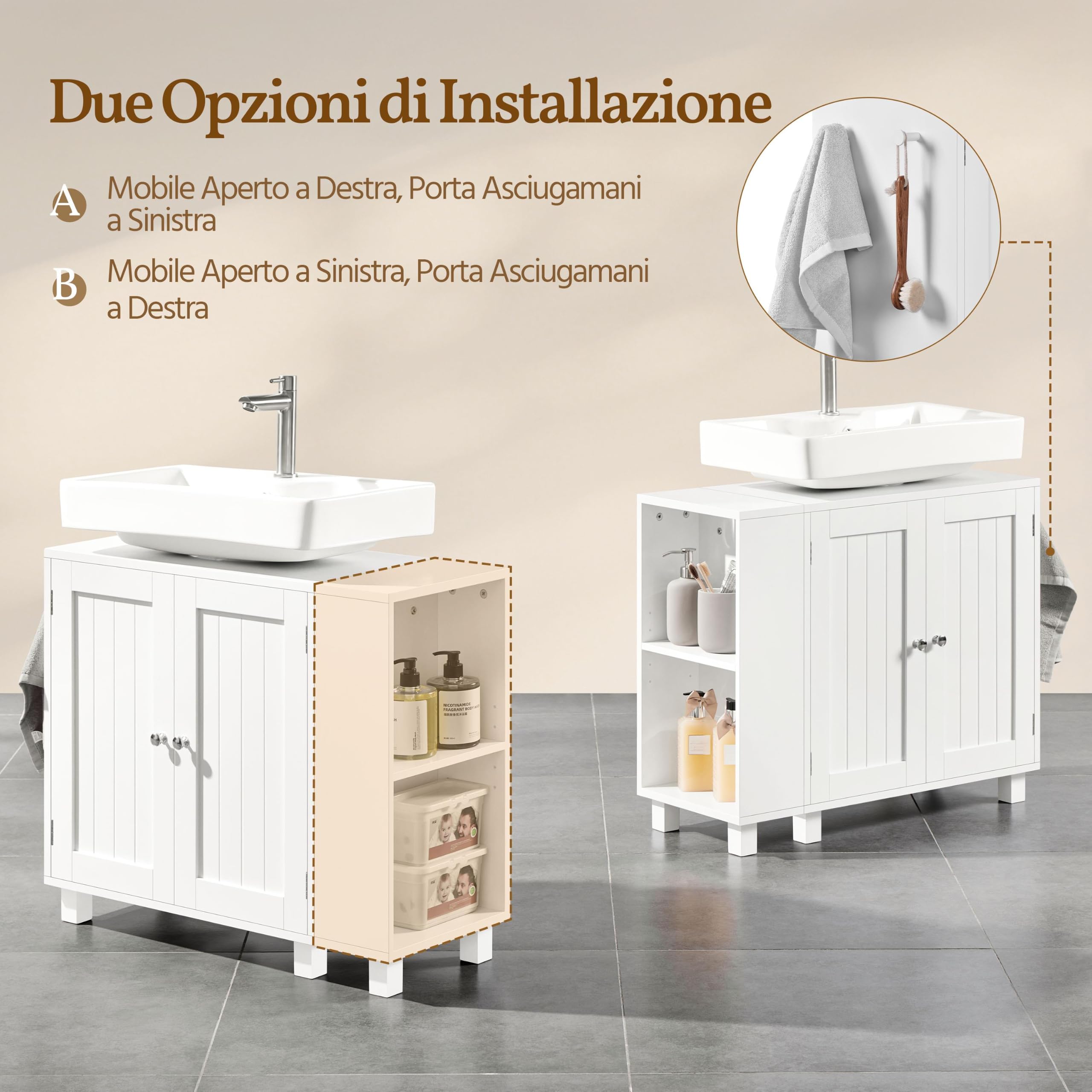 Yaheetech Mueble Bajo Lavabo, Armario de Baño, Apto para Lavabos con Pedestal, con Armario de Dos Puertas Estantes Ajustables Armario de Baño con Almacenamiento Lateral Abierto Ganchos, Blanco