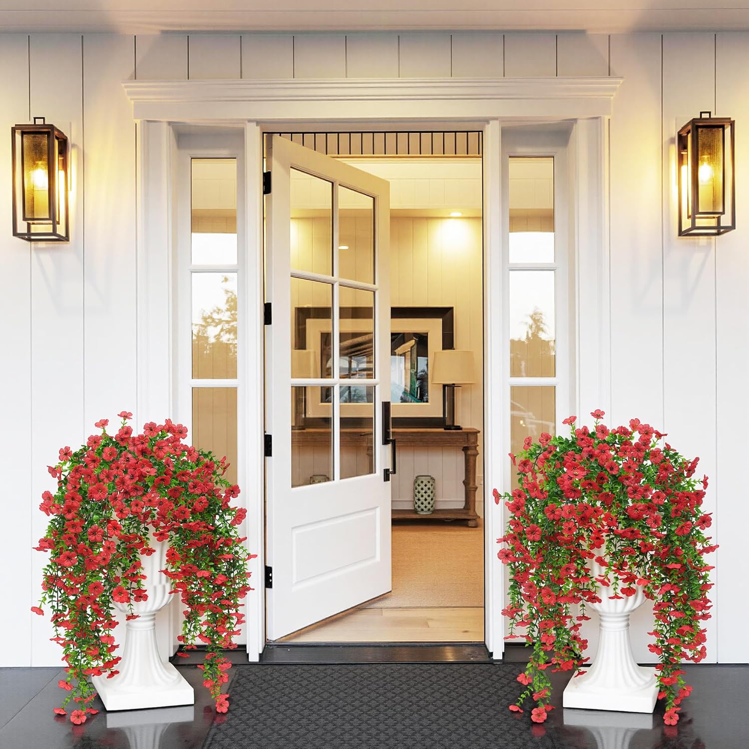 Artificial Fake Hanging Flowers Plant Spring Decoration for Outdoor Faux Silk Daisy with Eucalyptus Leaves 4 Pcs Look Real UV Resistant Indoor Outside Garden Porch Patio Balcony Yard Farmhouse(Red)