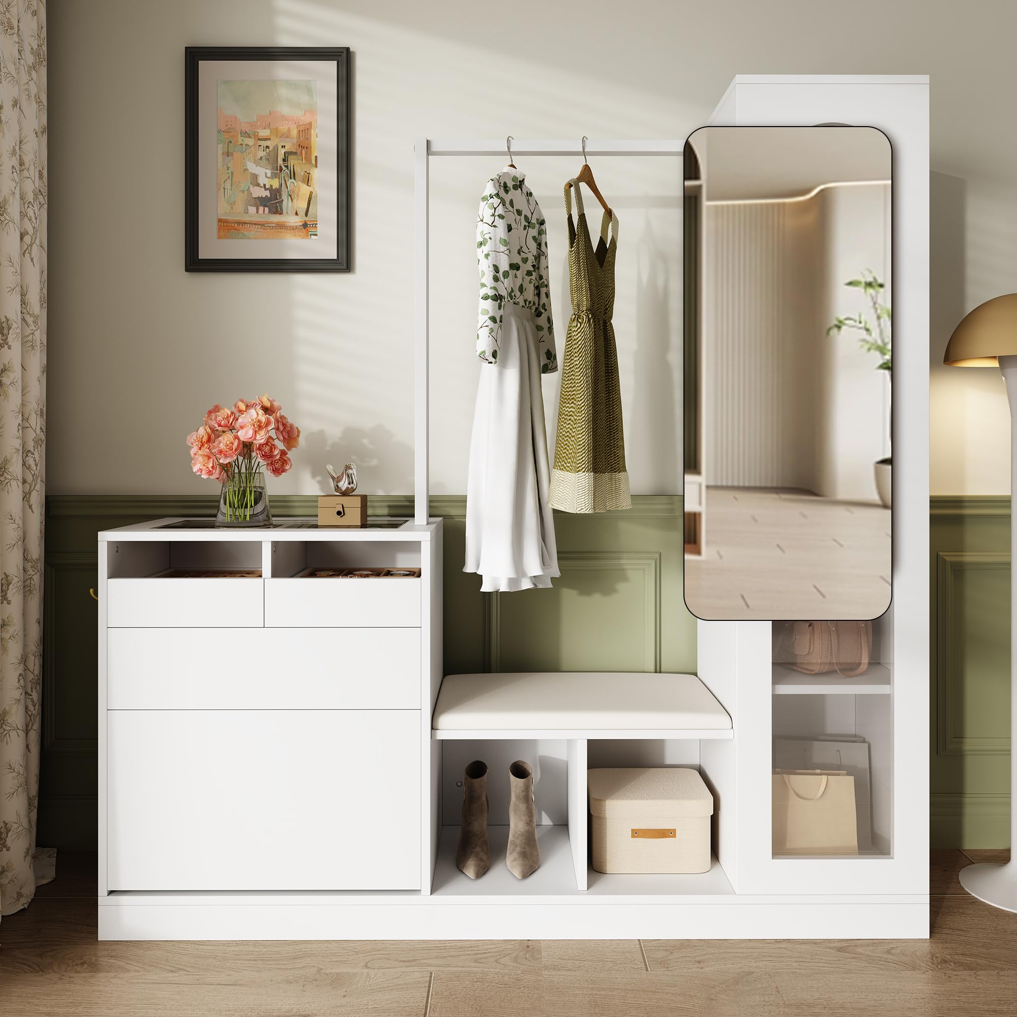 Recibidor 6 en 1 de Madera, Entrada y Vestidor, Blanco, 163x35x161 cm