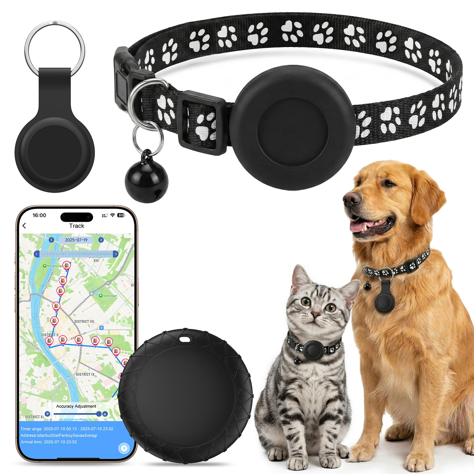 Traceur GPS Chat, Collier GPS Chat Chien sans Abonnement/Carte SIM, Compatible iOS et Android, Intelligent de La Localisation en Temps, Étanchéité IPX6, Collier GPS pour Chien,Chats,Voitures - Noir