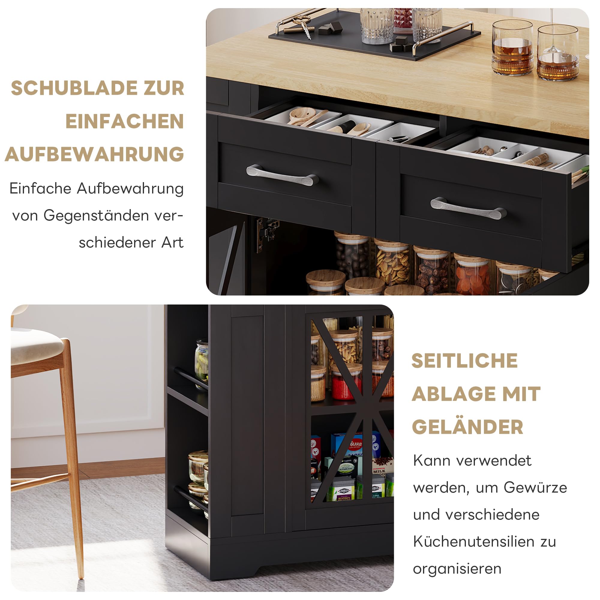 Isola da cucina mobile, carrello da cucina, tavolo da pranzo allungabile con ripiano aperto, connettore AC, laminato regolabile, ruote con freni, per cucina, sala da pranzo, 120 x 65 x 92